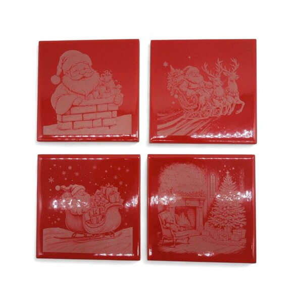 CHRISTMAS Tile Ceramic Engraved Santa Sleigh And Fireplace Scenes Set of 4 - Picture 2 of 9